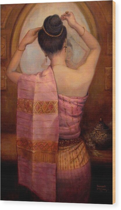 Lao Lady Wood Print featuring the painting Hairpin by Sompaseuth Chounlamany