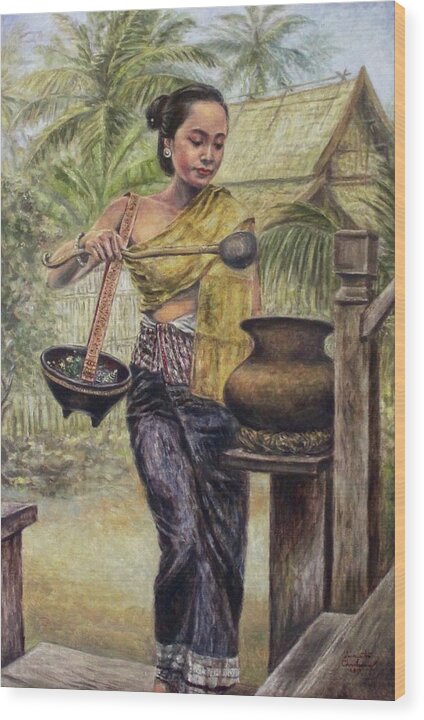 Luang Prabang Wood Print featuring the painting Another Hot Day by Sompaseuth Chounlamany