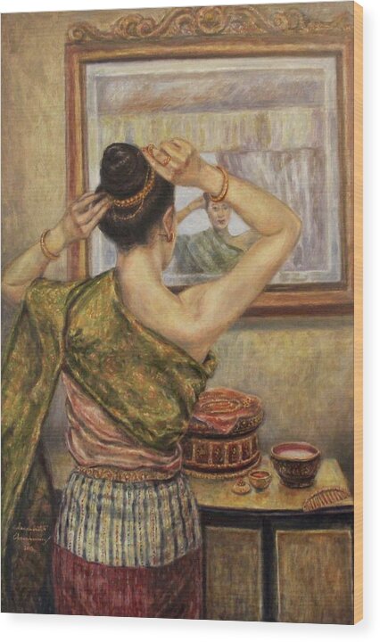 Lao Lady Wood Print featuring the painting Gold Ornaments by Sompaseuth Chounlamany