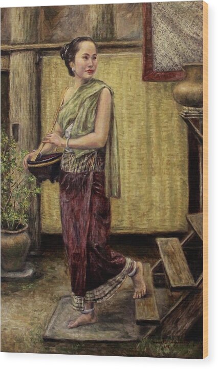 Lao Woman Wood Print featuring the painting Young Woman Going to the Market by Sompaseuth Chounlamany