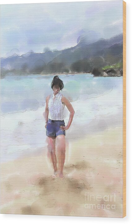 Beach Wood Print featuring the digital art Woman on the Beach Watercolor by Tanya Owens