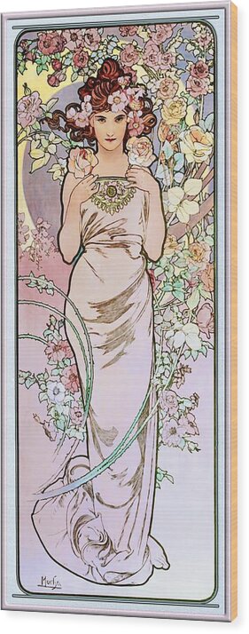 Rose Wood Print featuring the painting Rose by Alphonse Mucha by Rolando Burbon