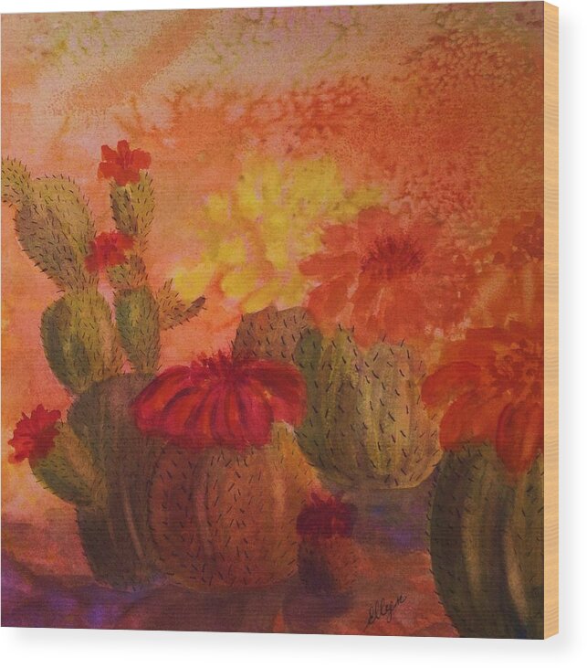 Cactus Wood Print featuring the painting Cactus Garden - Square Format by Ellen Levinson