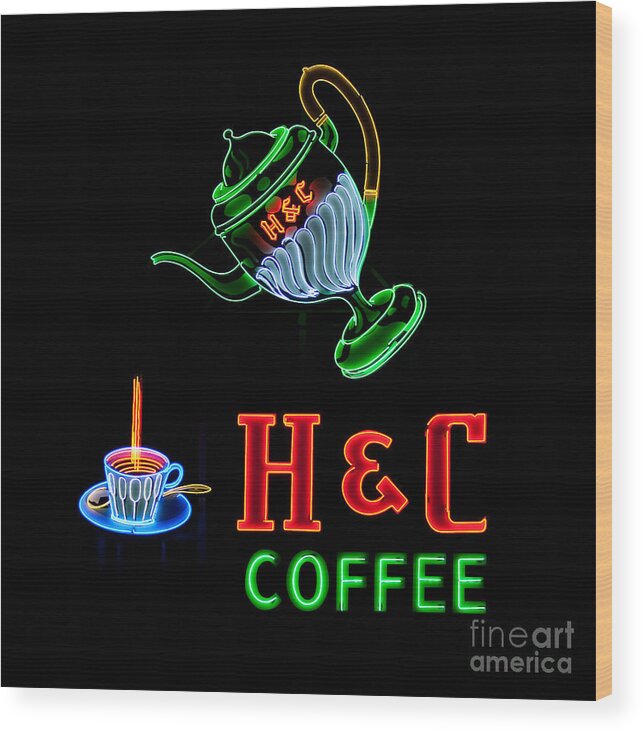 H&c Wood Print featuring the photograph H C Coffee Sign Roanoke Virginia by T Lowry Wilson