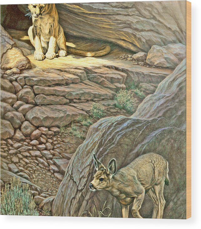 Wildlife Wood Print featuring the painting Interruption-Cougar and Fawn by Paul Krapf