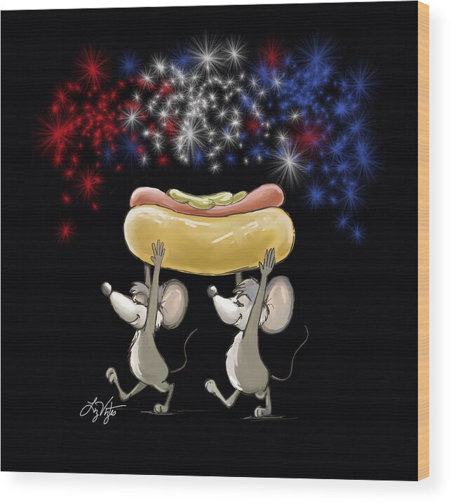 Celebration Wood Print featuring the digital art Mic and Mac's 4th of July Night Picnic by Liz Viztes