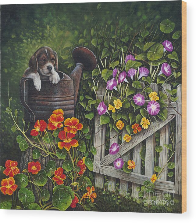 Puppy Wood Print featuring the painting Snout N Spout by Ricardo Chavez-Mendez