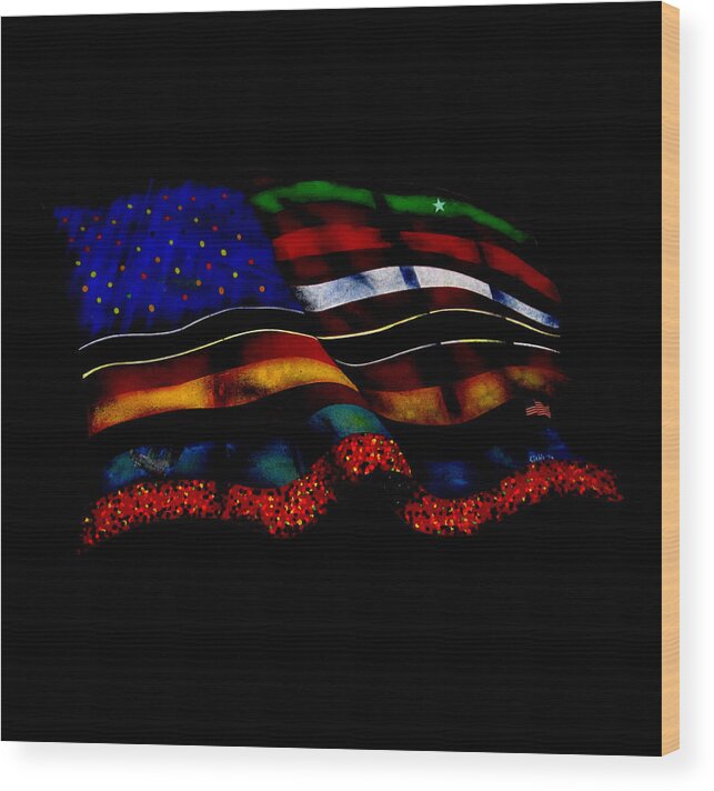 Flag Wood Print featuring the painting Flag At Night by Steve Fields