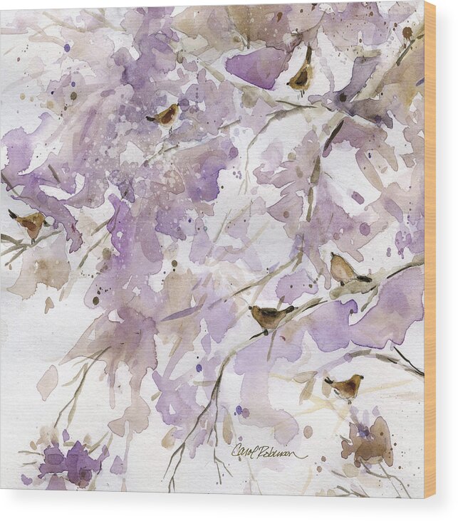 Lavender Gold Washy Watercolor Birds Branches Bush Airy Space Contemporary Wood Print featuring the painting Bird in the Bush 2 by Carol Robinson