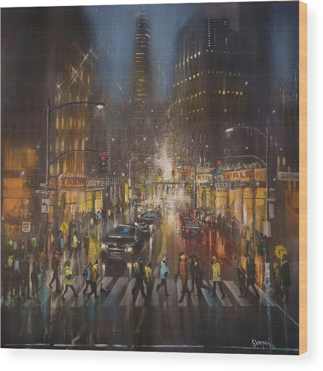 City Rain Wood Print featuring the painting Crosswalk by Tom Shropshire