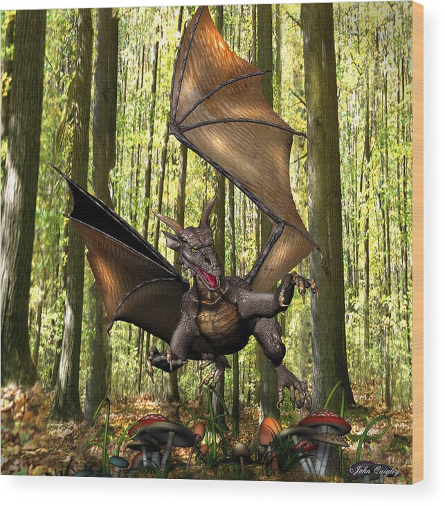 Dragon Wood Print featuring the digital art Dragon 'Edwin' - Dropping In for a Snack by John Quigley