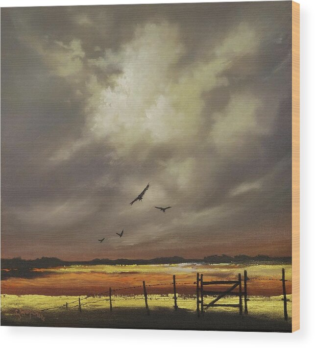 Contemporary Landscape; Orange And Gold; Billowing Clouds; Soaring Birds; Tom Shropshire Painting Wood Print featuring the painting Harvest Gold by Tom Shropshire