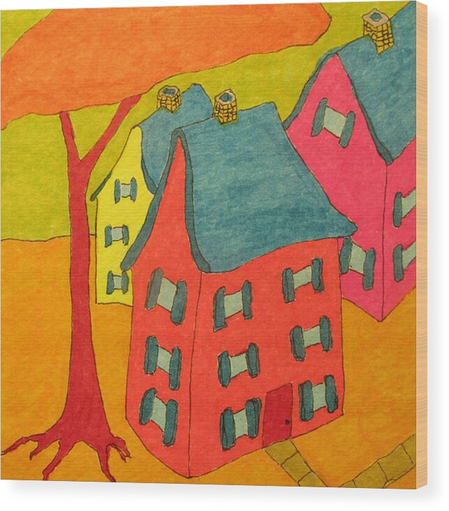 Hagood Wood Print featuring the painting Orange Umbrella Tree And Three Homes by Lew Hagood