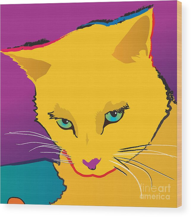  Wood Print featuring the painting Yellow Cat Square by Robyn Saunders