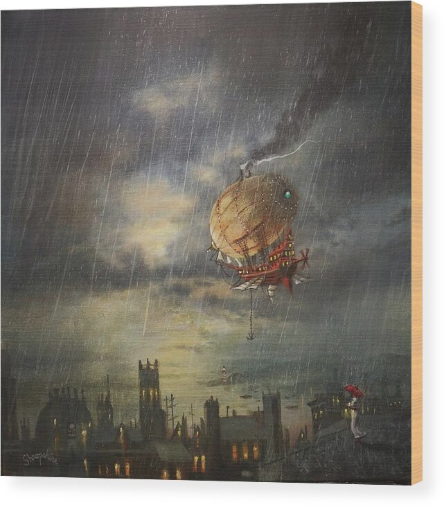 Steampunk Airship Wood Print featuring the painting Airship In The Rain by Tom Shropshire