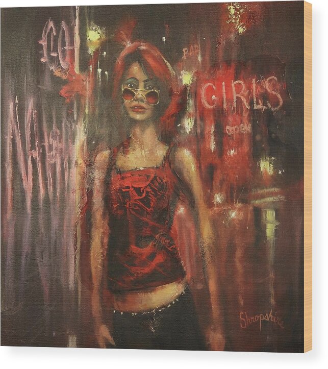 City At Night Wood Print featuring the painting Bar Girl by Tom Shropshire
