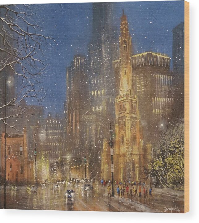Snow Scene Wood Print featuring the painting Chicago Water Tower by Tom Shropshire