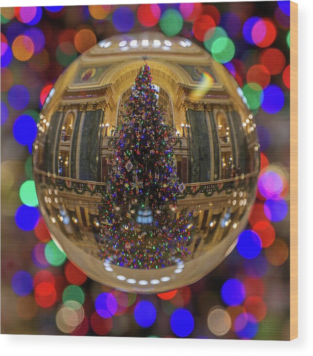 Christmas Tree Glass Sphere Crystal Decorations Lights Colors Wi Wisconsin State Capitol Rotunda Abstract Square Red Green Blue Holiday Yule Pillow Wood Print featuring the photograph Crystal Christmas Tree - WI State Capitol Christmas Tree through Glass Globe by Peter Herman