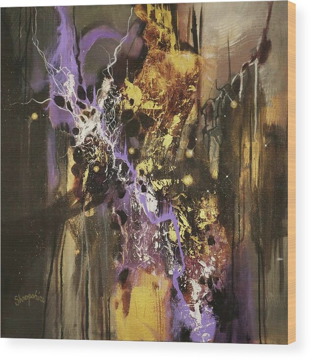 Abstract Wood Print featuring the painting Purple and Gold Fusion by Tom Shropshire