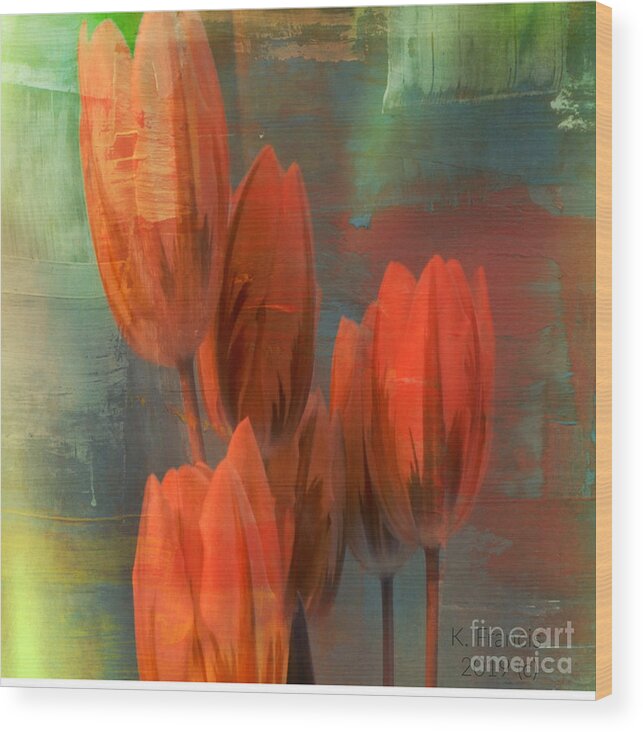Wall Art Wood Print featuring the digital art Tulips with Green Background by Karen Francis