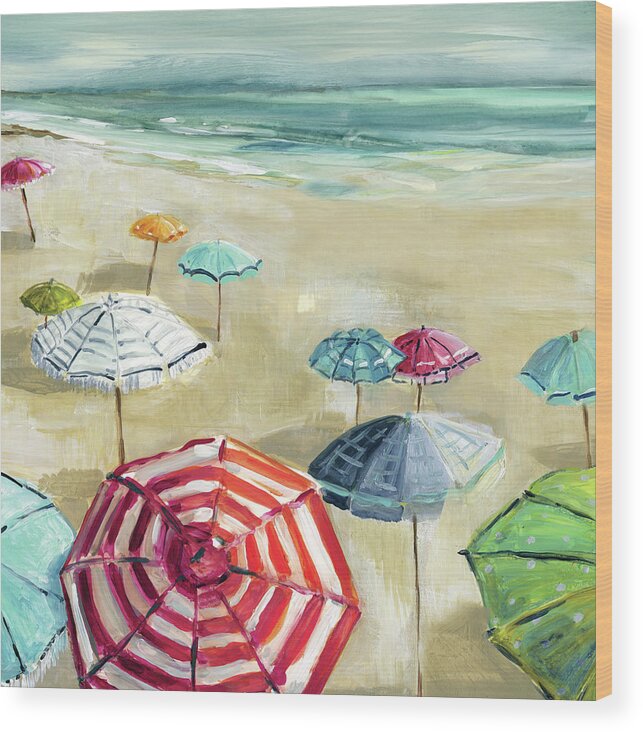 Umbrellas Beach Teal Red Pink Seascape Wood Print featuring the painting Umbrealla Beach 2 by Carol Robinson