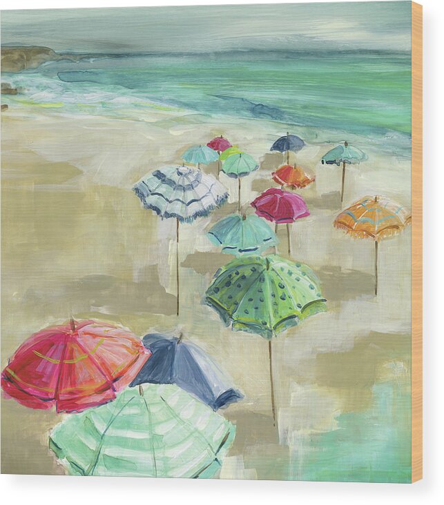 Umbrellas Beach Teal Red Pink Seascape Wood Print featuring the painting Umbrella Beach 1 by Carol Robinson