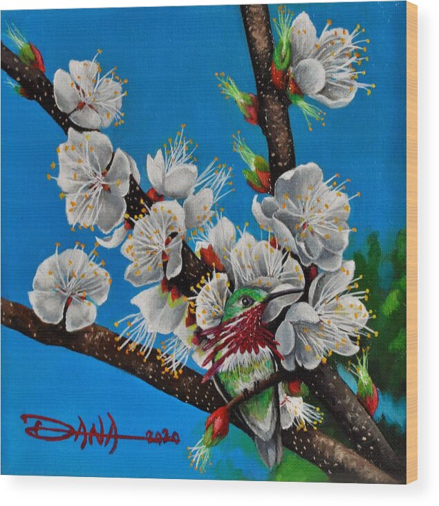 Birds Wood Print featuring the painting Calliope on Plum Blossoms by Dana Newman