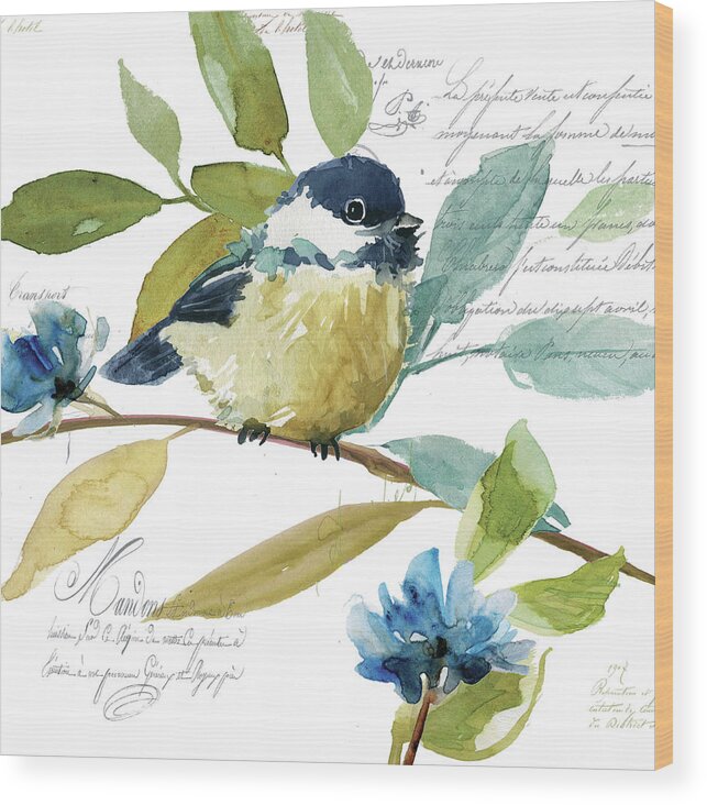 Blue Indigo Teal Green Yellow Watercolor Chickadee And Leaves Wood Print featuring the painting Garden Sketchbook Chickadee by Carol Robinson