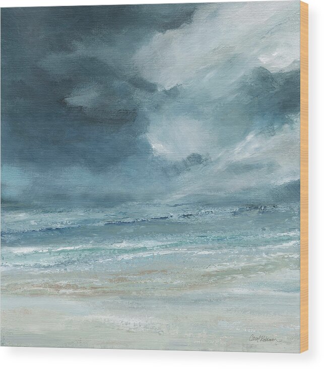 Blue Gray Tan White Cream Seascape Waves Beach Coastal Contemporary Sky And Cloudscape Wood Print featuring the painting Lost Horizon by Carol Robinson
