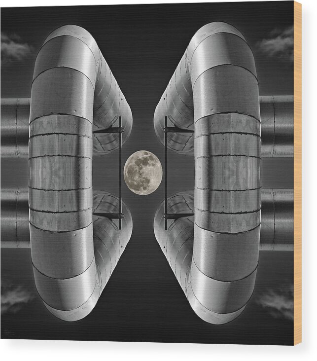 Lunar Wood Print featuring the photograph Lunaroyal - mirrored Uniroyal Building Industrial ductting with full moon - square crop by Peter Herman