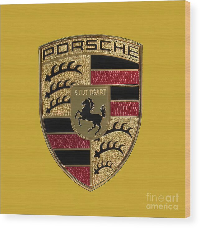 Porsche Wood Print featuring the photograph Porsche Emblem - Gold by Scott Cameron