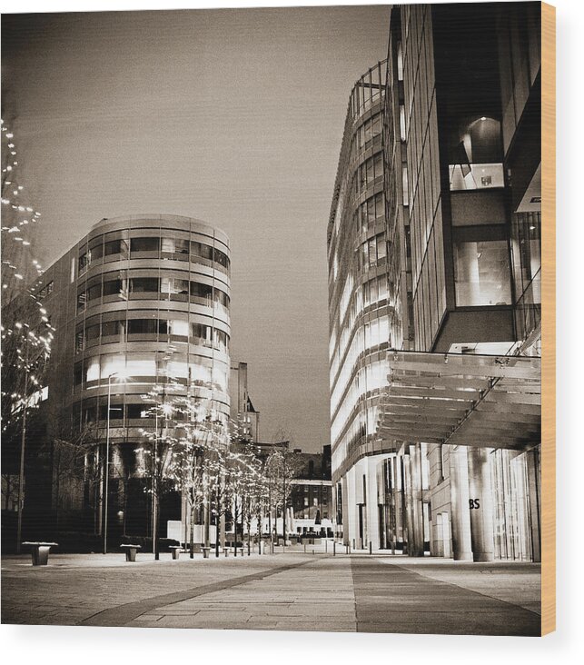 B&w Wood Print featuring the photograph Spinningfields at night by Neil Alexander Photography