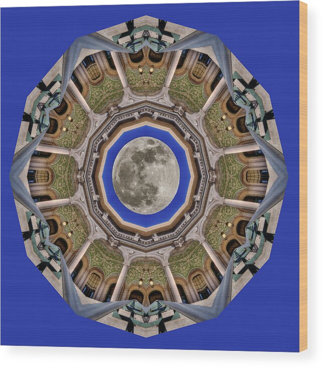Uw Madison Wood Print featuring the photograph UW Madison Union Mandala Kaleidoscope view with full moon by Peter Herman