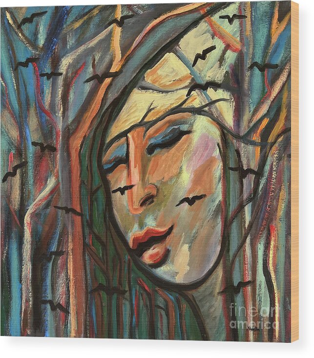 Katt Yanda Wood Print featuring the painting Woman in Woods with Birds by Katt Yanda