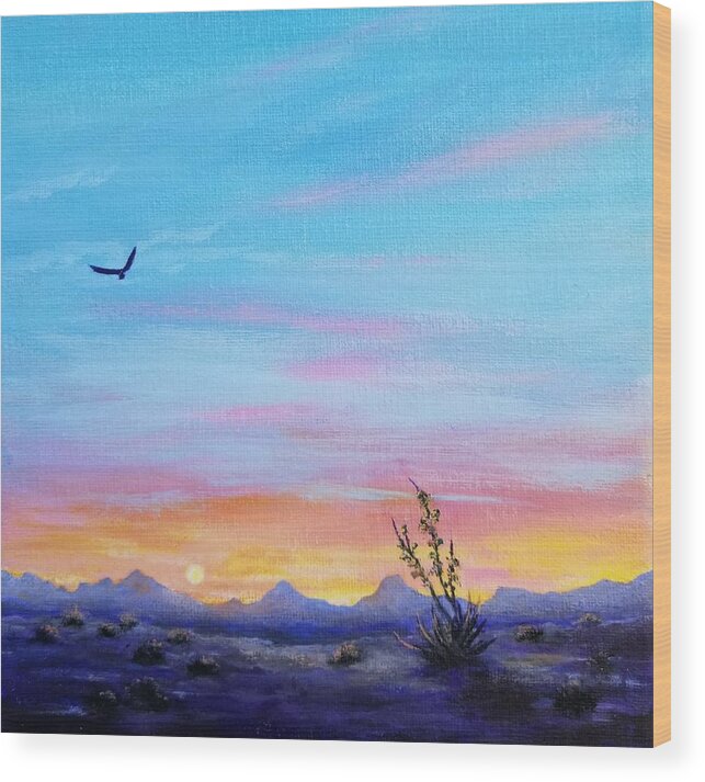 Texas Wood Print featuring the painting Yucca and Christmas Mountains Sunset by Roseanne Schellenberger