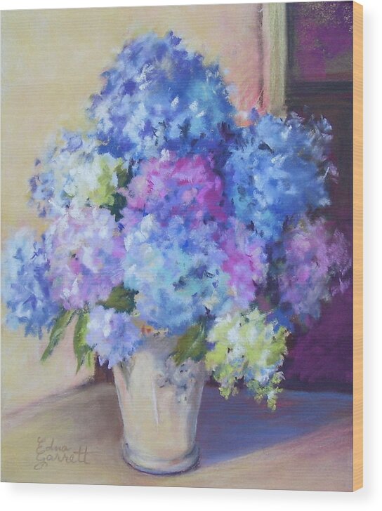 Hydrangeas Wood Print featuring the drawing Pale Blue Hydrangeas by Edna Garrett