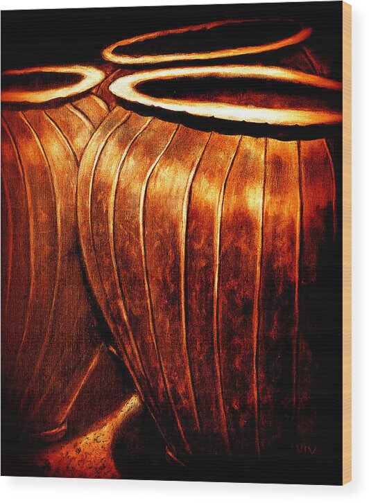 Viva Wood Print featuring the painting Pinstripe Copper Pots by VIVA Anderson