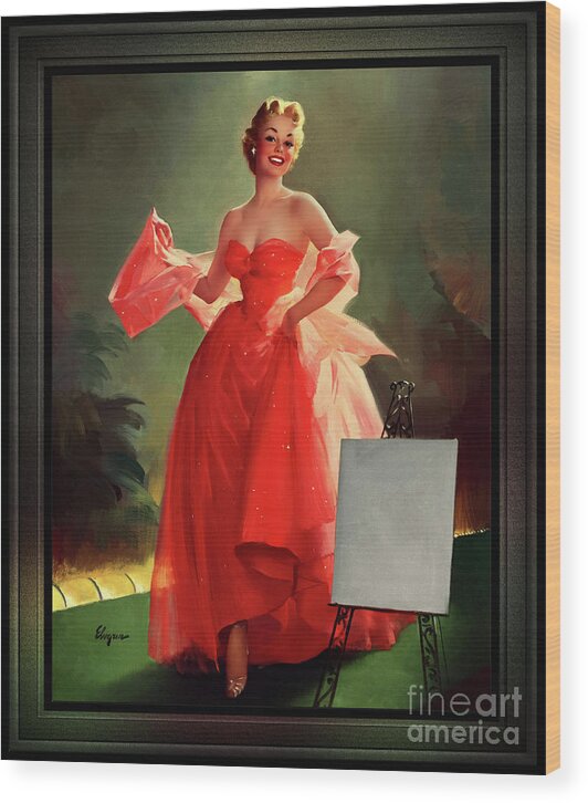 Runway Model Wood Print featuring the painting Runway Model In A Pink Dress by Gil Elvgren Pin-up Girl Wall Decor Artwork by Rolando Burbon