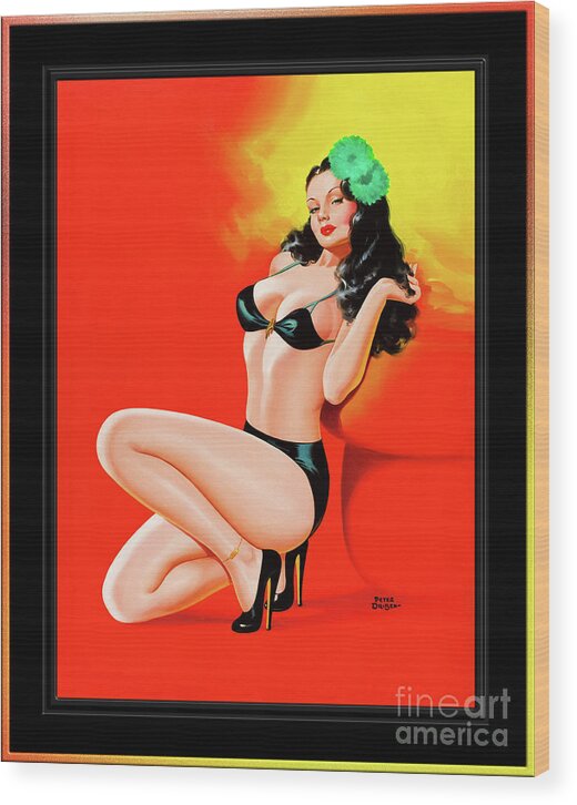 Too Hot To Touch Wood Print featuring the painting Too Hot To Touch by Peter Driben Vintage Pin-Up Girl Art by Rolando Burbon