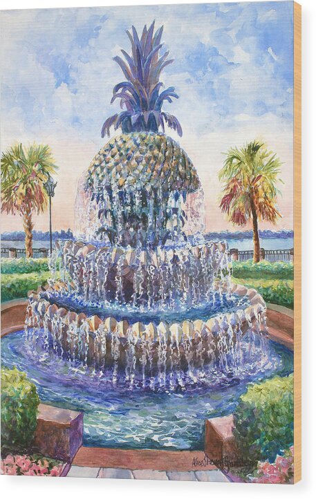 Charleston Wood Print featuring the painting Charleston's Pineapple Fountain by Alice Grimsley