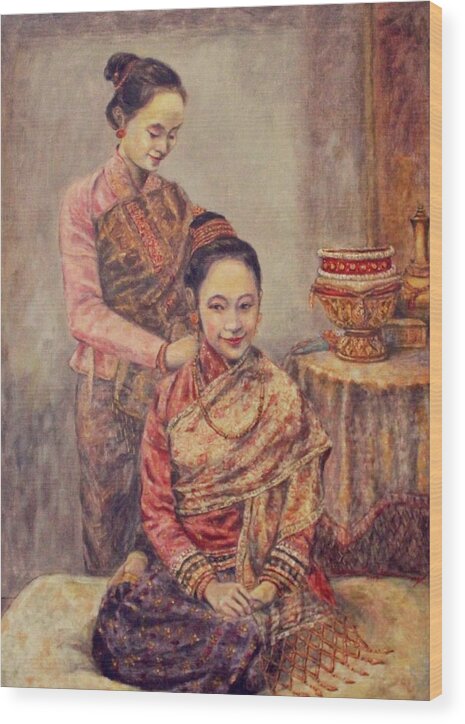 Lao Ladies Wood Print featuring the painting Adornments by Sompaseuth Chounlamany