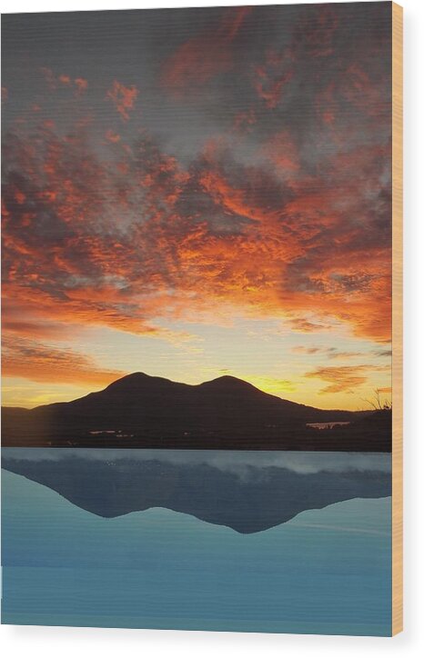 Landscape Sunset Volcano And Lake Wood Print featuring the photograph Water And Fire by Andrew Drozdowicz