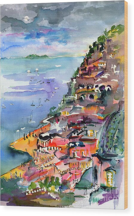 Amalfi Coast Wood Print featuring the painting Positano Italy Enchanted Moon by Ginette Callaway