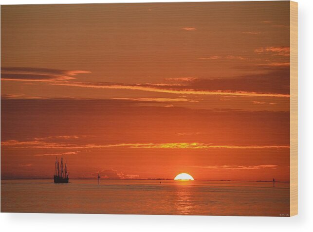 20120107 Wood Print featuring the photograph 0107 Christopher Columbus Sailing Ship Nina Sails Off Into The Sunset by Jeff at JSJ Photography