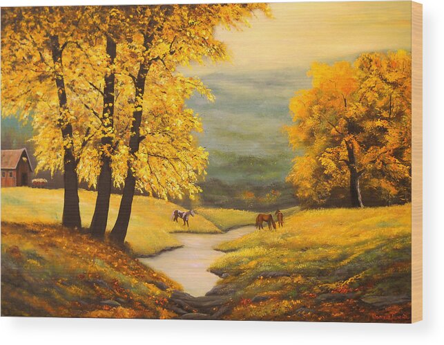 Landscape Wood Print featuring the painting Autumn's Gold #1 by Connie Tom