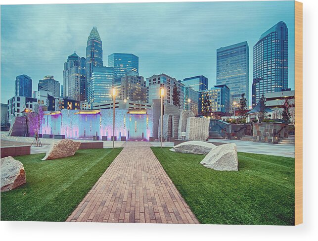 Charlotte Wood Print featuring the photograph Charlotte City Skyline In The Evening #1 by Alex Grichenko