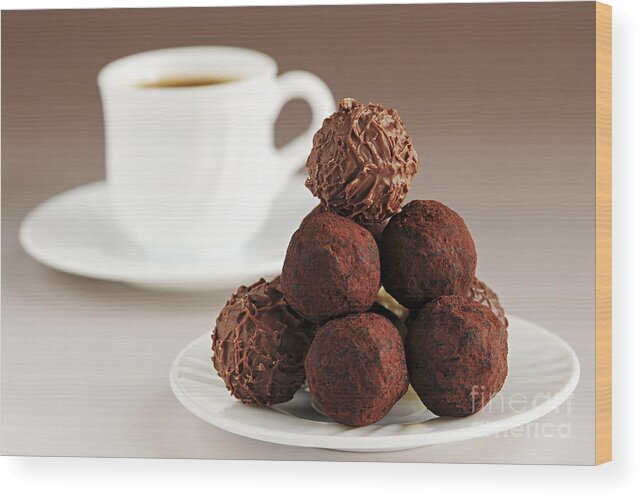 Chocolate Wood Print featuring the photograph Chocolate truffles and coffee 1 by Elena Elisseeva