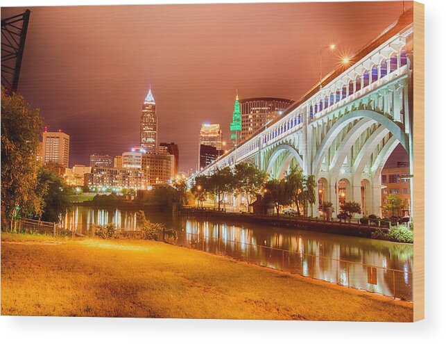 Ohio Wood Print featuring the photograph Cleveland downtown at night #1 by Alex Grichenko