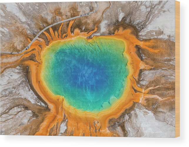 Aerial Wood Print featuring the photograph Grand Prismatic Spring, Midway Geyser #1 by Peter Adams
