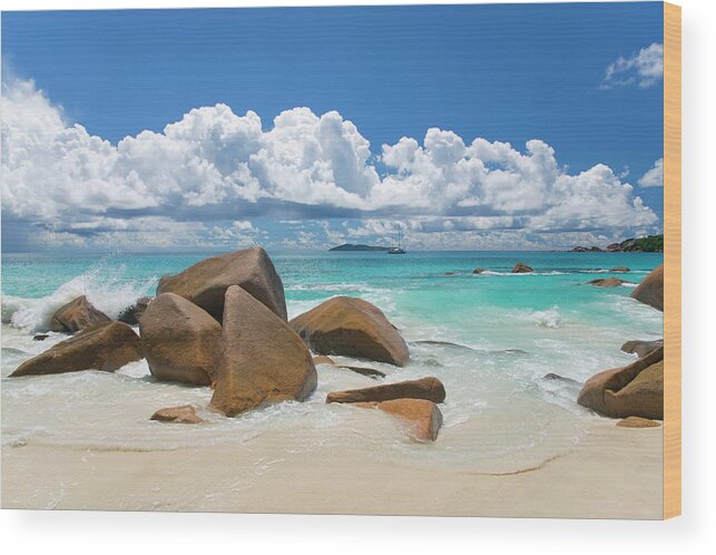 Water's Edge Wood Print featuring the photograph Granite Boulders On The Shore At Anse #1 by David C Tomlinson